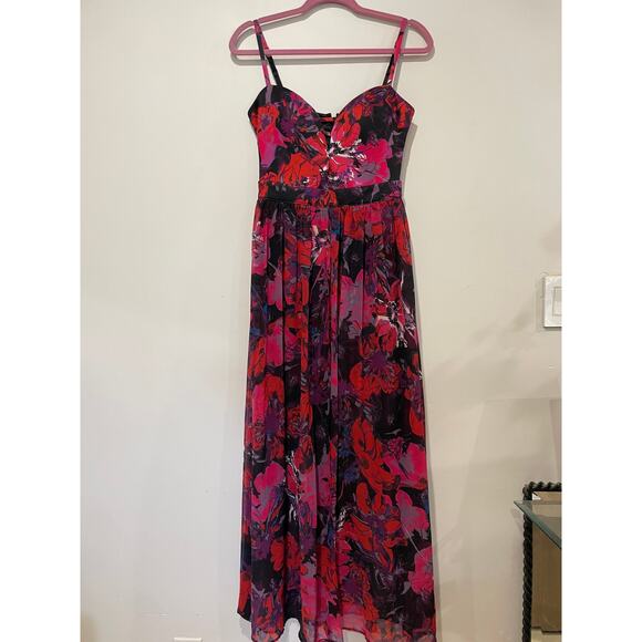 bebe Floral Sleeveless Sweetheart Neck Slit Front Maxi Dress Red Multi Women's S - Picture 1 of 5